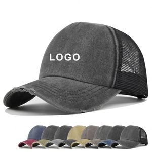 Gorra de béisbol de malla para hombre, estilo urbano de verano, de 5 paneles, lavada, vintage, con logo personalizado, transpirable, para deportes al aire libre, protección solar - Product Image 1