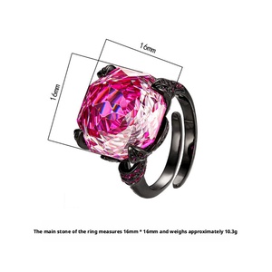 Bagues de haute qualité pour femmes, en cuivre écologique plaqué or noir, avec zircon rose dégradé de 16 mm, grande pierre taillée en forme de rose - Product Image 2