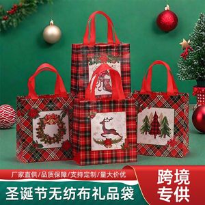Non Woven Fabric Christmas <b>Gift</b> <b>Bags</b> Red Plaid Printed Fashion Style 23x22x11cm For Holiday <b>Party</b> Packaging - Product Image 1