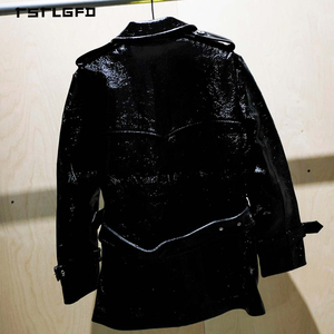Manteau trench-coat noir en cuir PU pour homme, double boutonnage, revers, ceinture, poignets à revers, luxe, décontracté, mi-long, pour l'automne - Product Image 6