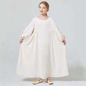 Kebaya Meisjes Effen Kleur Elastische Geplooide Mouwen Abaya Robe Dubai Nieuwe Model Hoge Kwaliteit Kids Jurk Abaya Islamic Moslim Kleding