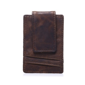 Men's Retro Crazy Horse Leather Wallet with Open Closure Slim Short Length Card Holder Featuring Money Clip and Front <b>Pocket</b> - Product Image 1