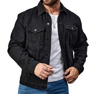 Veste en jean noire pour homme, col mandarin, boutonnée, délavée, 100% coton respirant, coupe classique, pour l'hiver - Product Image 4