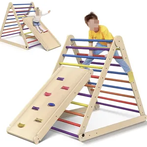 3 in 1 Triangle Climbing Toys, Sturdy Solid Wooden Children Slide, Foldable Adjustable Height Climber, Indoor & Outdoor