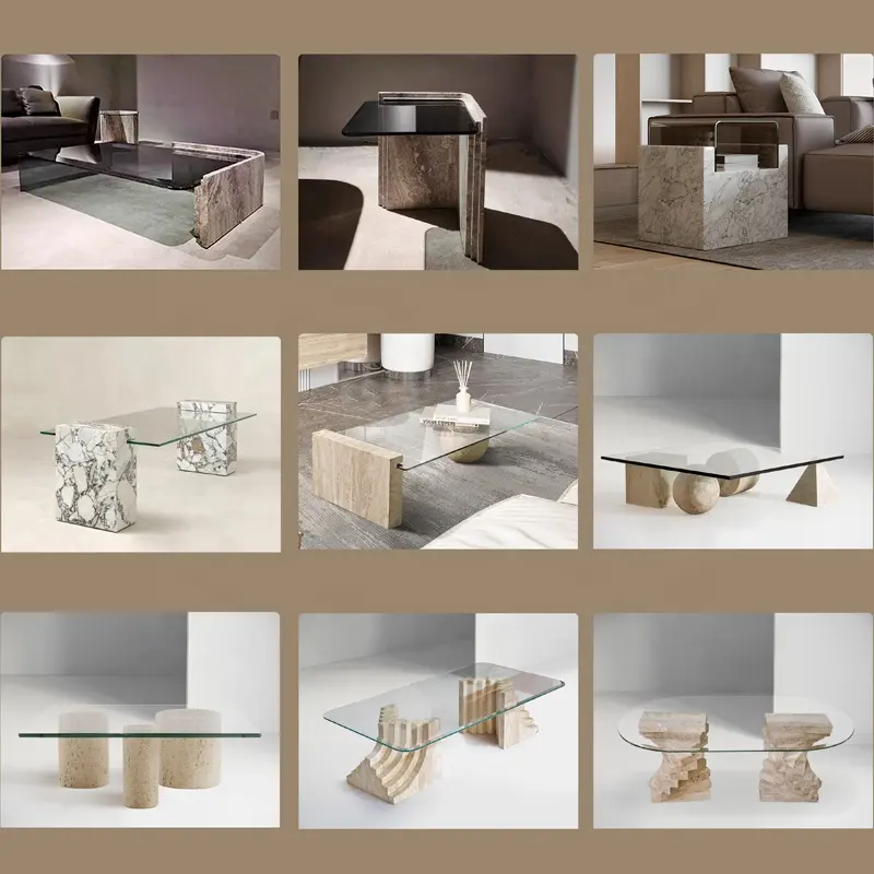 Italian minimalist natural stone tea table living room furniture customized legs tempered glass travertine coffee table
