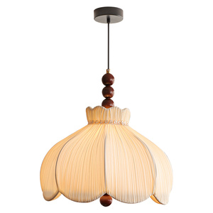 Lustre artisanal à pampilles en <span class=keywords><strong>tissu</strong></span> plissé, triple <span class=keywords><strong>boule</strong></span> de bois, style rétro Wabi-sabi, lampe suspendue en forme de fleur pour crème française - Product Image 6