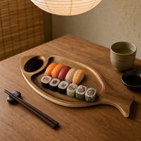 Plateau de service en bois d'acacia naturel en forme de poisson, 2 compartiments, assiette à collation en bois divisée pour sushis, fruits, fête