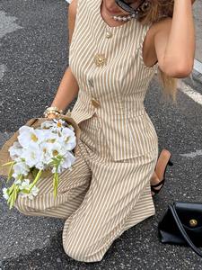 Completo Estivo Casual da Donna in Stile Europeo e Americano, Elegante per l'Ufficio, Top Senza Maniche a Righe e <span class=keywords><strong>Pantaloni</strong></span> a Gamba Larga Aderenti - Product Image 5