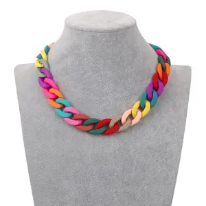 2024 New Colorful Chunky Link Chain Statement Necklace Matte Acrylic Cuban Chain Cool Collar Necklace For Women girls