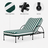 Chaise longue d'extérieur vert forêt à rayures blanches, structure en métal noir, barrières latérales semi-circulaires, lit de soleil réglable pour piscine et patio