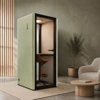 Cabine acoustique insonorisée moderne pour une personne avec porte en verre trempé et éclairage intégré pour bureau, télétravail et bibliothèque