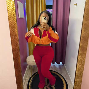 Tuta da donna in peluche Patchwork alla moda Set tuta autunnale due 2 pezzi con cerniera Top corto e pantaloni Skinny svasati per il Fitness outfit - Product Image 3