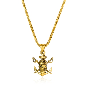 Collier Pendentif Punk Gothique Vintage en Acier Inoxydable avec Double Épée, Crâne, Squelette et <span class=keywords><strong>Ancre</strong></span> Nautique Entrecroisée pour Hommes - Product Image 1