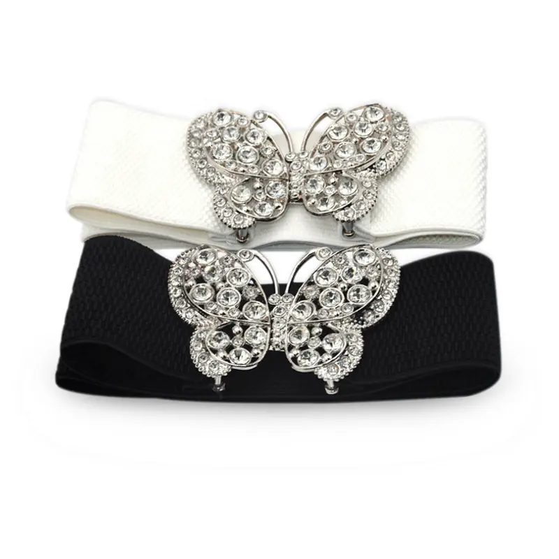 Fashion Ladies Women Dress Decorative Wide Stretch Rhinestone Inlaid Butterfly Buckle Elastic Belt