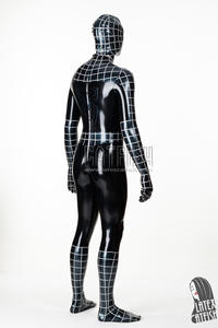 Combinaison intégrale en latex pour homme, cosplay <span class=keywords><strong>Spider</strong></span>, couvrance totale, épaisseur 0,4 mm, noir avec bordure argentée métallique, fermeture éclair dorsale 3 voies, capuche - Product Image 4
