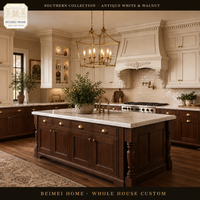 Cuisine complète sur mesure, style traditionnel, blanc antique, noyer bicolore, grand hotte, plan de travail en marbre, directement de l'usine OEM