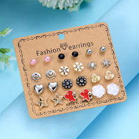 Anting-anting Korea Kreatif 12 Pasang, Bertabur Zirkon Kristal, Motif Bunga Cinta Berbentuk Hati, Lapisan Emas, Alloy, Tren Wanita