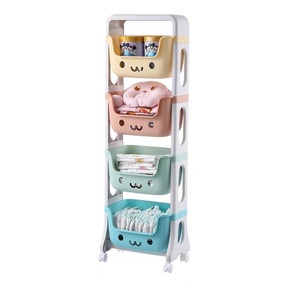 Cheap cabinet children toy storage shelf with plastic collection bin for kids