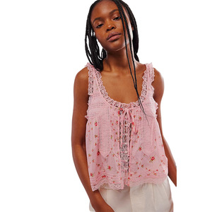 Nouveau débardeur camisole ajusté en dentelle respirante et douce avec patchwork, boutonné, couleur unie, pour <span class=keywords><strong>femme</strong></span>, idéal pour l'été - Product Image 4