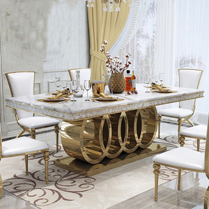 Contemporary UK DUBAI Royal Furniture Italian Design <strong>Gold</strong> Stainless Steel Marble Top Rectangle Big Dining <strong>Table</strong> 10 Seater Set - Product Image 1
