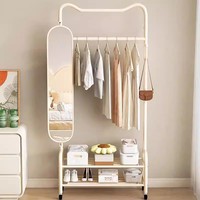 Porte-vêtements multifonctionnel contemporain avec miroir pleine longueur, étagères de rangement roulantes et crochets pour chambre et entrée