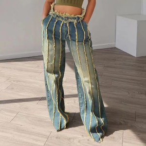 All'ingrosso da donna alla <span class=keywords><strong>moda</strong></span> Patchwork multistrato con frange elastico a <span class=keywords><strong>vita</strong></span> <span class=keywords><strong>bassa</strong></span> Jeans lavati e tinti per tutte le stagioni - Product Image 1