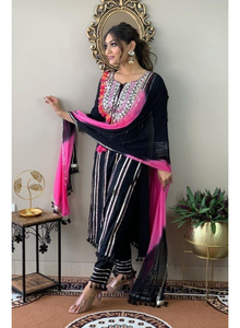 Black Kurti <b>Pant</b> Dupatta Set Rayon Embroidery Lace Work Ethnic Wear <b>Three</b> <b>Quarter</b> Sleeves Round Neck Kurti <b>Pant</b> Dupatta Set - Product Image 6