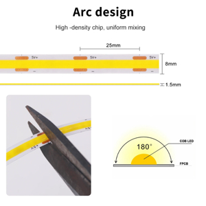 Chất lượng cao COB <span class=keywords><strong>LED</strong></span> Strip 5V 320LEDs/M CE ROHS IP20 linh hoạt để dễ dàng cài đặt trên bề mặt cong linh hoạt <span class=keywords><strong>LED</strong></span> Strip ánh sáng - Product Image 3
