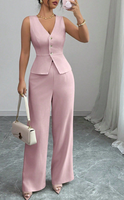 Ensemble tailleur élégant pour femme : gilet sans col à col en V, pantalon large extensible tissé, tenue de bureau formelle OL