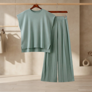 Conjunto de Pantalones Anchos Plisados y Top de Punto sin Mangas para Mujer, Color Sólido, Corte Holgado, Cuello Redondo, Tela Modal, Ropa Casual de Primavera/Verano - Product Image 3