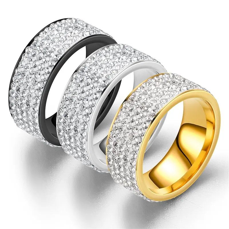 Yiwu Fabriek Groothandel Luxe Vijf Rijen Diamond Ringen Rvs 24K Goud Mode Paar Ring Set Voor Bruiloft Sieraden