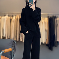Ensemble en cachemire pour femmes IWE012, mode automne-hiver, avec col montant, pull en tricot ample, pantalon large, ceinture, poche