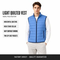Veste matelassée légère sans manches pour homme, col montant, fermeture éclair intégrale, poches latérales, bleu ciel, bordure contrastante marine, vêtement d'extérieur décontracté