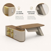 Scrivania Direzionale con Gambe Curve in Acciaio, MDF E1, Formatura Sottovuoto, Texture Legno 3D, Luce LED a 12 Colori, Serratura a Codice con Scatola per Cavi