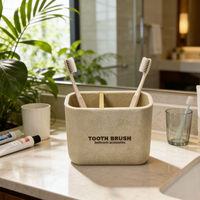 Porte-brosse à dents rectangulaire beige en résine imitation sable, avec séparateur en bambou et double compartiment, organiseur de salle de bain pour dentifrice