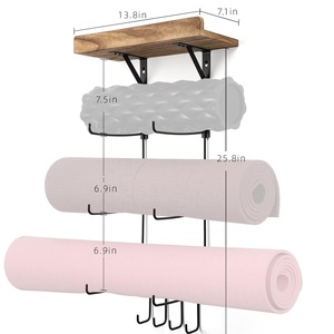 Soporte de Pared <span class=keywords><strong>para</strong></span> Esterilla de Yoga con Estantes de Madera y 4 Ganchos, Negro Carbonizado, Almacenamiento <span class=keywords><strong>para</strong></span> Gimnasio en Casa - Product Image 6
