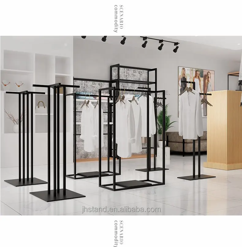 Custom Women Shop Metal Black Clothing Rack Display Shelf For Men' Store Clothing Stand 2 Way Metal Garment Display Rack