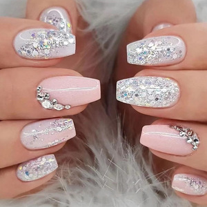 Wholesale ABS Short Ballerina Coffin Silver Rhinestone Glitter Press on <b>Nails</b> with <b>Nail</b> Glue for Finger Design <b>Nail</b> Beauty - Product Image 1