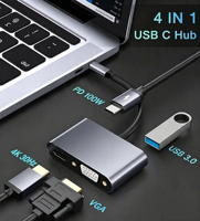Adaptateur USB-C 4-en-1 en aluminium en promotion : Prise en charge HD, VGA, USB 3.0, PD – Hub et station d'accueil compatible PC, ordinateur portable