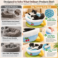 Lit pour chat 2-en-1 Teacup : griffoir et nid douillet en peluche, avec planche à griffer tressée anti-chute de poils, pour chats d'intérieur, hôtels et maison