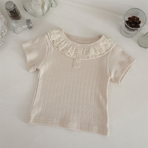 Camicetta a Costine a Maniche Corte con Colletto in Pizzo a Doppio Strato e Due Bottoni per Bambine, Collezione Estiva 2026 INS - Product Image 2