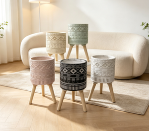 Bohemian Geometric Tripod Planter, Embossed Cylindrical Flower <b>Pot</b> with Wood Stand - Product Image 2
