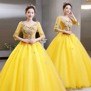 Latest Lady Host Purple Performance Stage Dress Yellow 3/4 Sleeves Floral Lace Long Length Evening Gowns