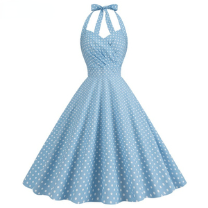 Blue Polka Dot Halter Maxi <b>Dress</b> Vintage <b>Rockabilly</b> Party <b>Dress</b> for Women - Product Image 1