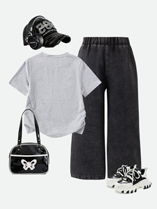 Conjunto de Dos Piezas para Niñas: <span class=keywords><strong>Sudadera</strong></span> Gris con Lazo de Lentejuelas y Pantalones Negros Acampanados, un Conjunto Casual Dulce y Moderno - Product Image 2