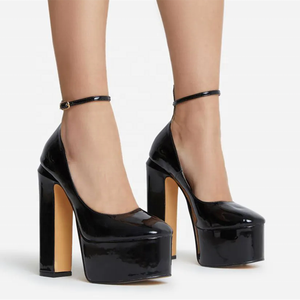 Escarpins à plateforme à semelle épaisse et talon carré, bout rond, avec bride à la cheville, en cuir verni, pour femme, grande taille 43 - Product Image 6