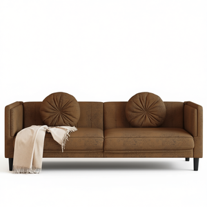 Modern Three Seat <b>Sofa</b> Brown Polyester Faux Suede Upholstered Living Room Furniture Solid <b>Wood</b> <b>Frame</b> Square Arm Tight Back - Product Image 1
