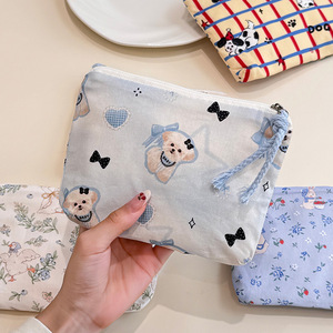 简约花卉图案零钱包耳机收纳袋迷你棉质袋带口红架可重复使用拉链卡通便携式化妆包 - Product Image 5