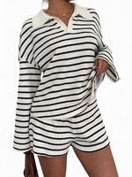 Ensemble deux pièces décontracté pour femme, tricot côtelé rayé, épaules tombantes, tenue d'automne très tendance