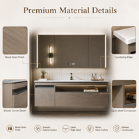 Kabinet Cermin LED Tiga Pintu Stainless Steel untuk Kamar Mandi dengan Jam Digital, Penghilang Embun, dan Finishing Kayu Oak, Dilengkapi Wastafel